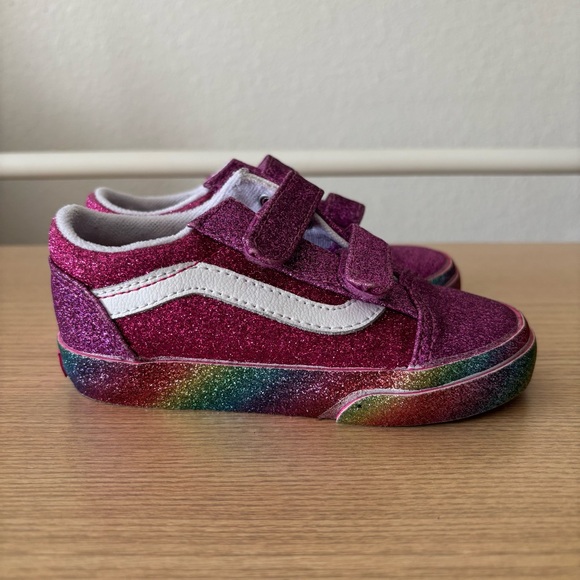 Vans Toddler Old Skool V Sneakers Pink Rainbow Glitter With Velcro Straps Size 8 - Picture 8 of 14